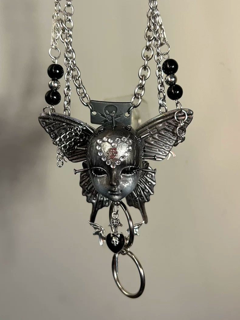 Handmade Silver Gothic Butterfly Doll Head Heavy Metal Choker Necklace