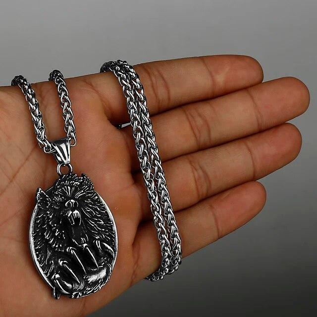 Wolf Necklaces Viking Style Wolf Head Pendant Runes Stainless Steel Necklace