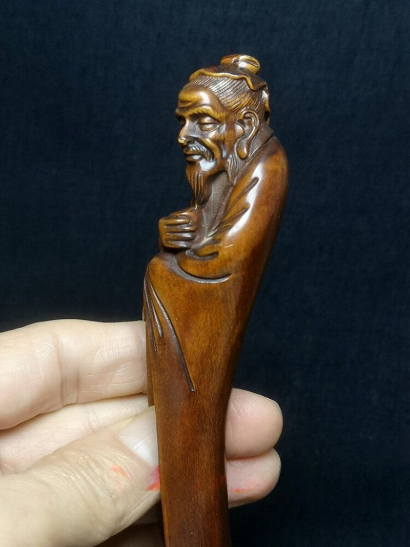 Chinese Boxwood Hand Carved Old Man Longevity Statue Tea Spoon Collection