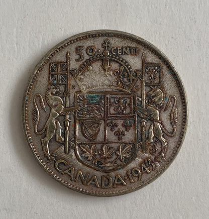 1943 CANADA 50 Cents Silver Coin Silver .800 George VI Royal Canadian Mint
