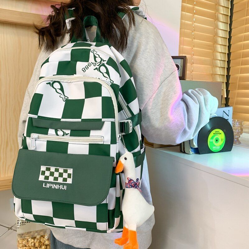 Backpack Waterproof Multi-Pocket Nylon Bookbag Plaid Schoolbag Laptop Travel Bag