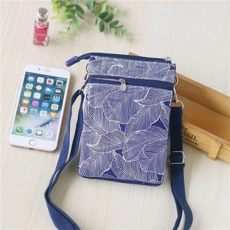 Canvas Leaves Print Women Handbag Small Shoulder Crossbody Phone Bag Money Pouch