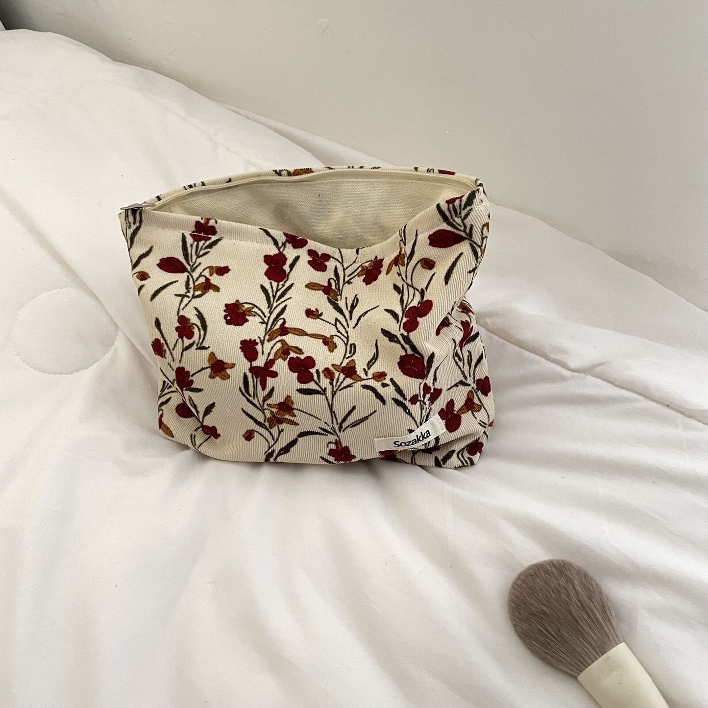 Corduroy Cosmetic Bag Flower Print Travel Purse Storage Bag 18*25*5CM Zipper 1PC