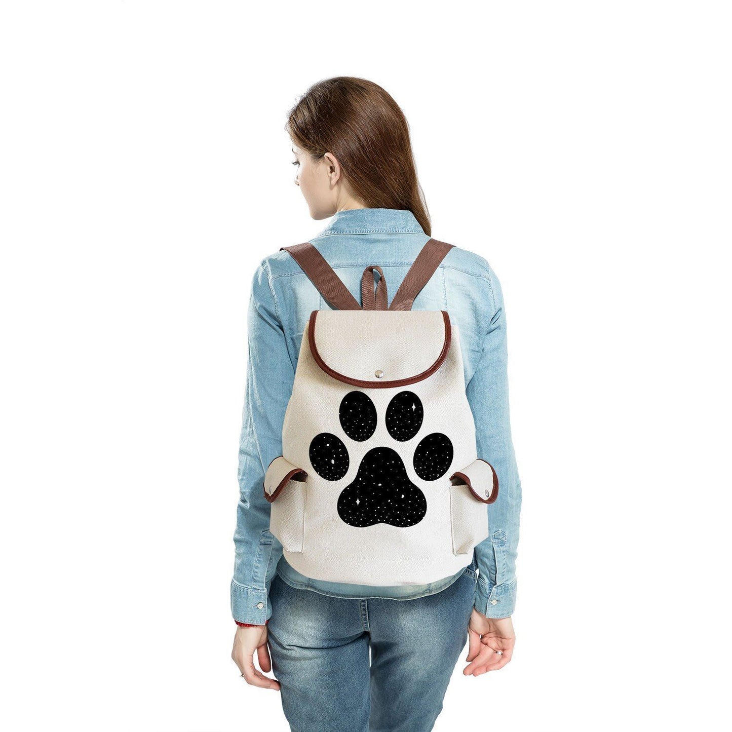 Dog Paw Print Backpack Drawstring Bags Linen Students Portable Cute Pug Printed