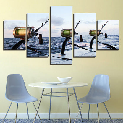Deep Sea Fishing Rod Blue Ocean Seascape Canvas Print Painting Wall Art Decor 5P