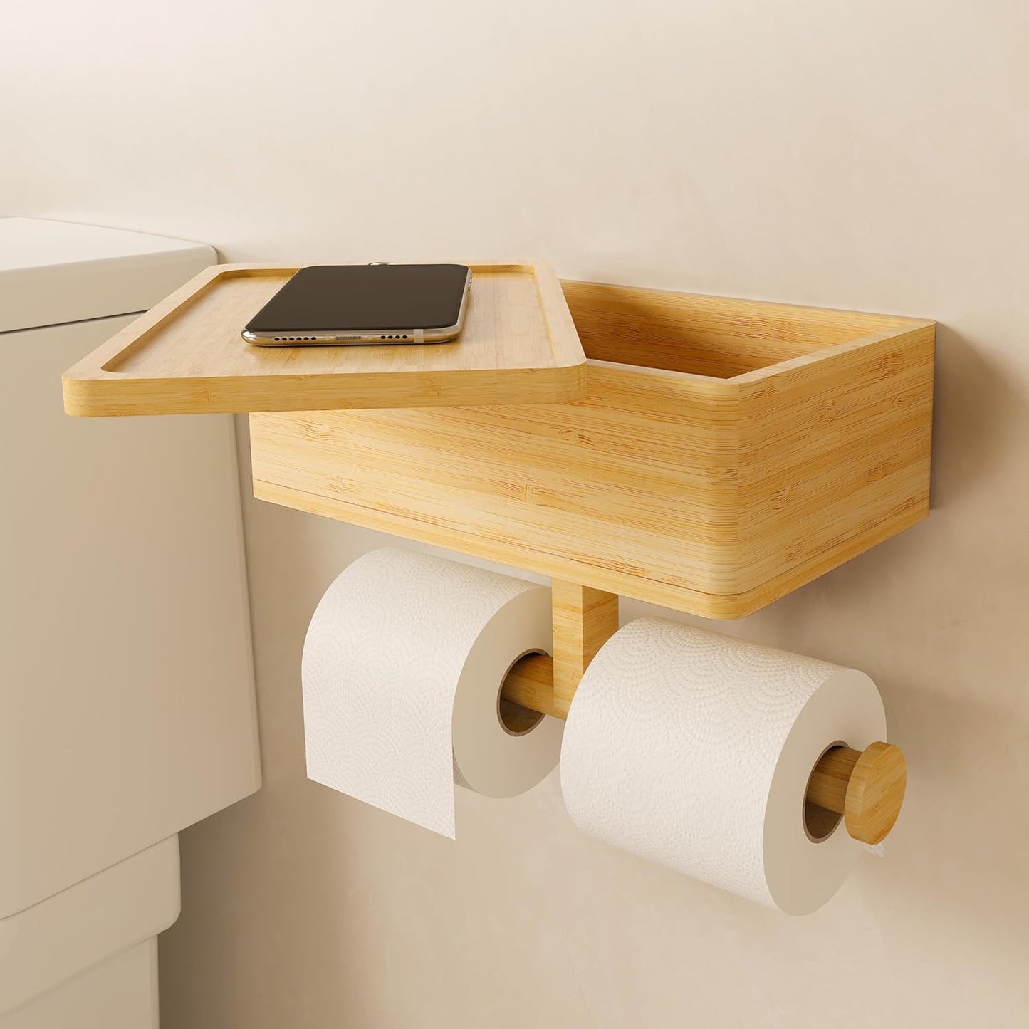 Bamboo Toilet Paper Holder with Shelf and Storage Wall Mount Organizer 3-In-1