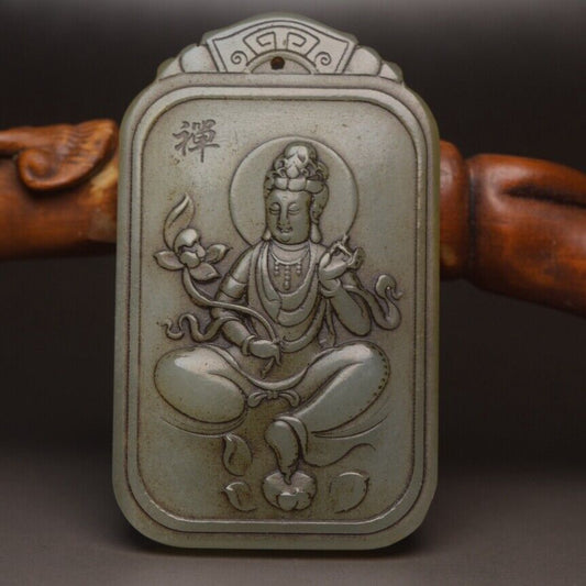 Chinese Natural Hetian Jade Carved Kwan Yin Statue Good Luck Pendant Jewelry Art