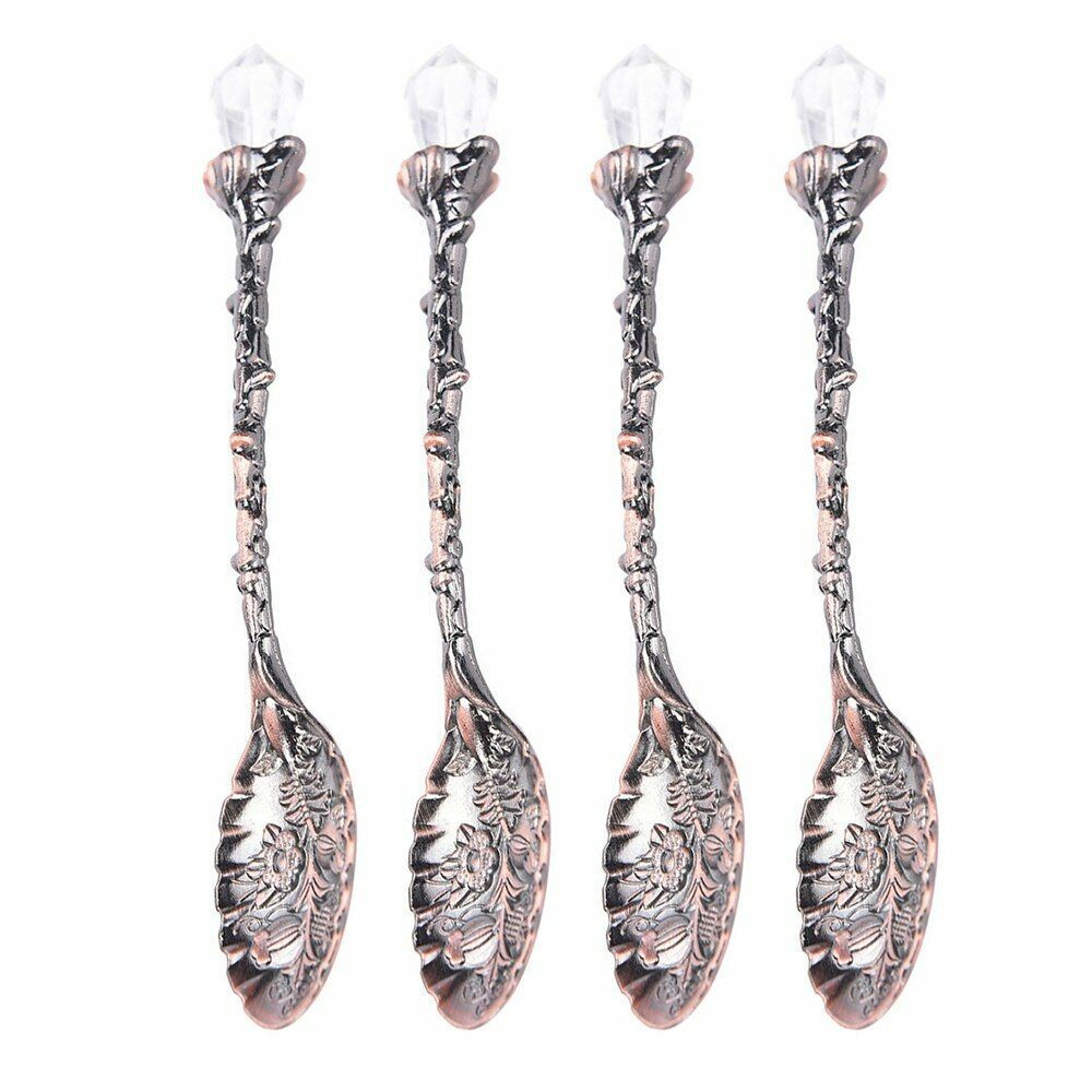 4 Pcs/Set Vintage Crystal Head Spoon Zinc Alloy Carved Mini Coffee Tea Tableware