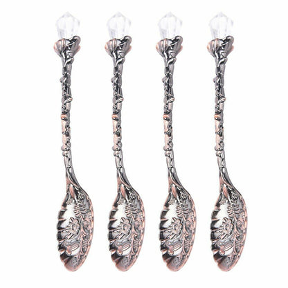 4 Pcs/Set Vintage Crystal Head Spoon Zinc Alloy Carved Mini Coffee Tea Tableware