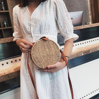 Women Summer Rattan Bag Round Straw Handmade Beach Bag Bohemia Handbag 1PC Green