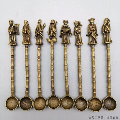 Eight Immortals Brass Spoon Set Vintage Bronze Medicine Spoon Chinese 8PCS