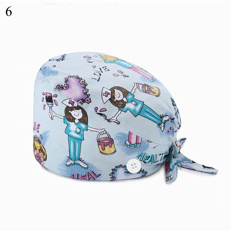 Unisex Surgical Scrub Cap Doctor Nurse Cotton Cartoon Adjustable Hats Buttons