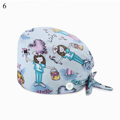 Unisex Surgical Scrub Cap Doctor Nurse Cotton Cartoon Adjustable Hats Buttons