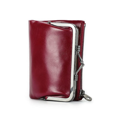 Small Metal Frame Purse Genuine Leather Wallet Hasp Zipper Coins Cards Holder