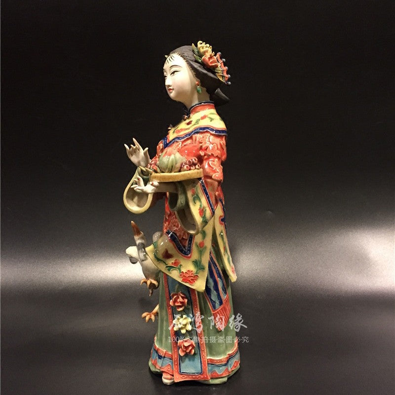 12" Chinese Wucai Porcelain Classical Beauty Women Bird Peach Long Life Figurine