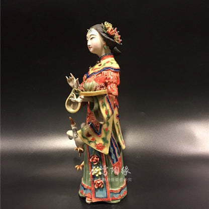 12" Chinese Wucai Porcelain Classical Beauty Women Bird Peach Long Life Figurine