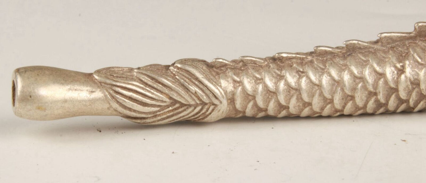Old Chinese Tibet silver hand-carved dragon smoking pipe f416
