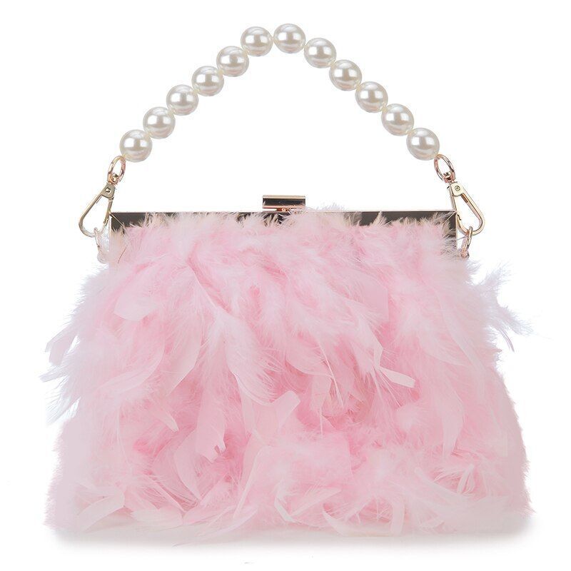 Luxury Real Feather Purse Handbag Clutch Shoulder Bags Pearl Chain 20*5*18 CM