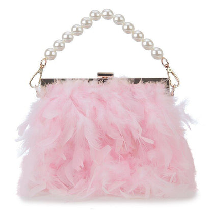 Luxury Real Feather Purse Handbag Clutch Shoulder Bags Pearl Chain 20*5*18 CM