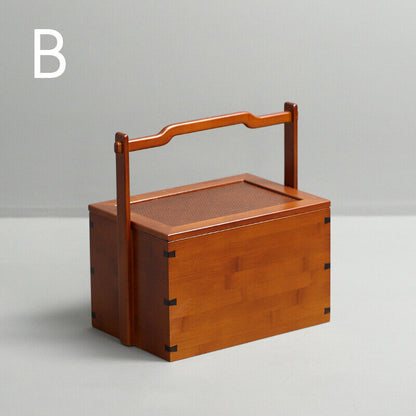 Portable Teacup Teapot Fruit Food Bamboo Storage Box Retro Basket Picnic Box