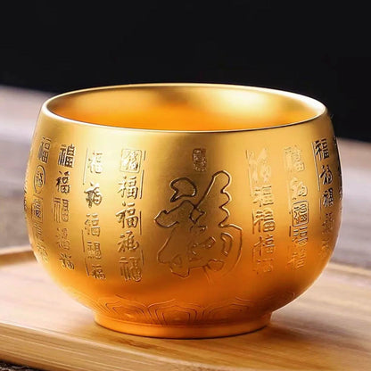 24k Gold Tea Cup Zen Style Chinese Mater Heart Sutra Carved Full Handmade 180ml