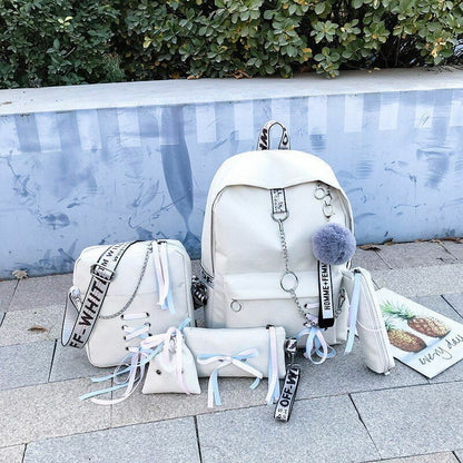Students Backpack 5 pcs/set Ribbon Chain Girl Laptop School Bags Bookbag Oxford