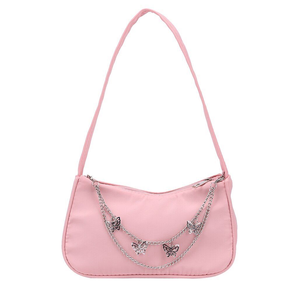 Women Small Shoulder Underarm Bag Leather Nylon Vintage Chain Zipper Handbags
