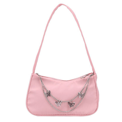 Women Small Shoulder Underarm Bag Leather Nylon Vintage Chain Zipper Handbags