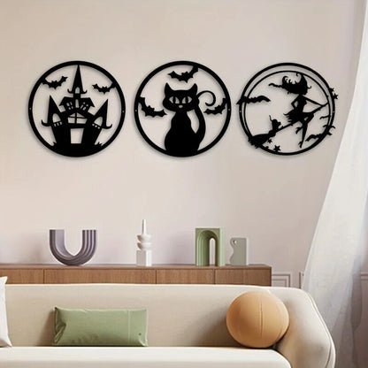Metal Wall Decoration, Halloween Witch Cat Bat Castle Pattern Frameless Pendant