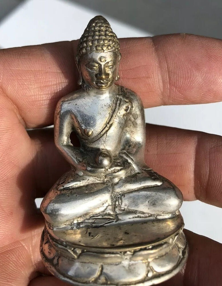 Bronze Temple Buddha Casting Statue Figure Silver Patina Decoration