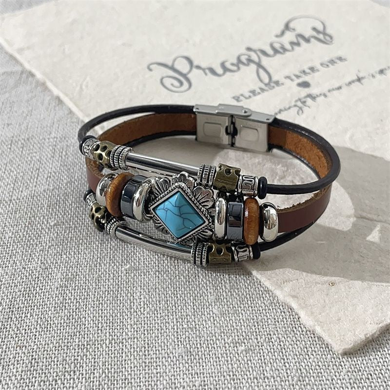 Vintage Ethnic Leather Bracelet Faux Turquoise Alloy Multi-layer Jewelry