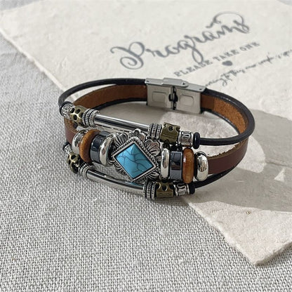 Vintage Ethnic Leather Bracelet Faux Turquoise Alloy Multi-layer Jewelry