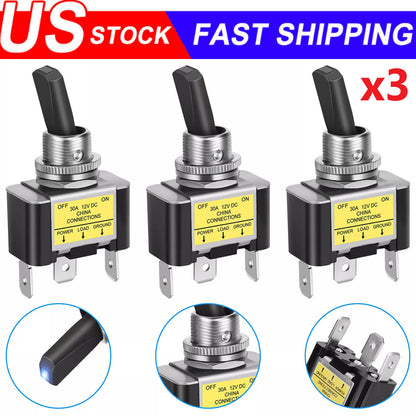 3x Blue LED Light 3Pin Rocker Toggle ON/Off Switch 30A 12V for Car Boat Marine