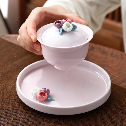 Hand-kneaded Flower Sancai Bowl Teacup Wine Ladies Gaiwan Wedding Tea Set Plate