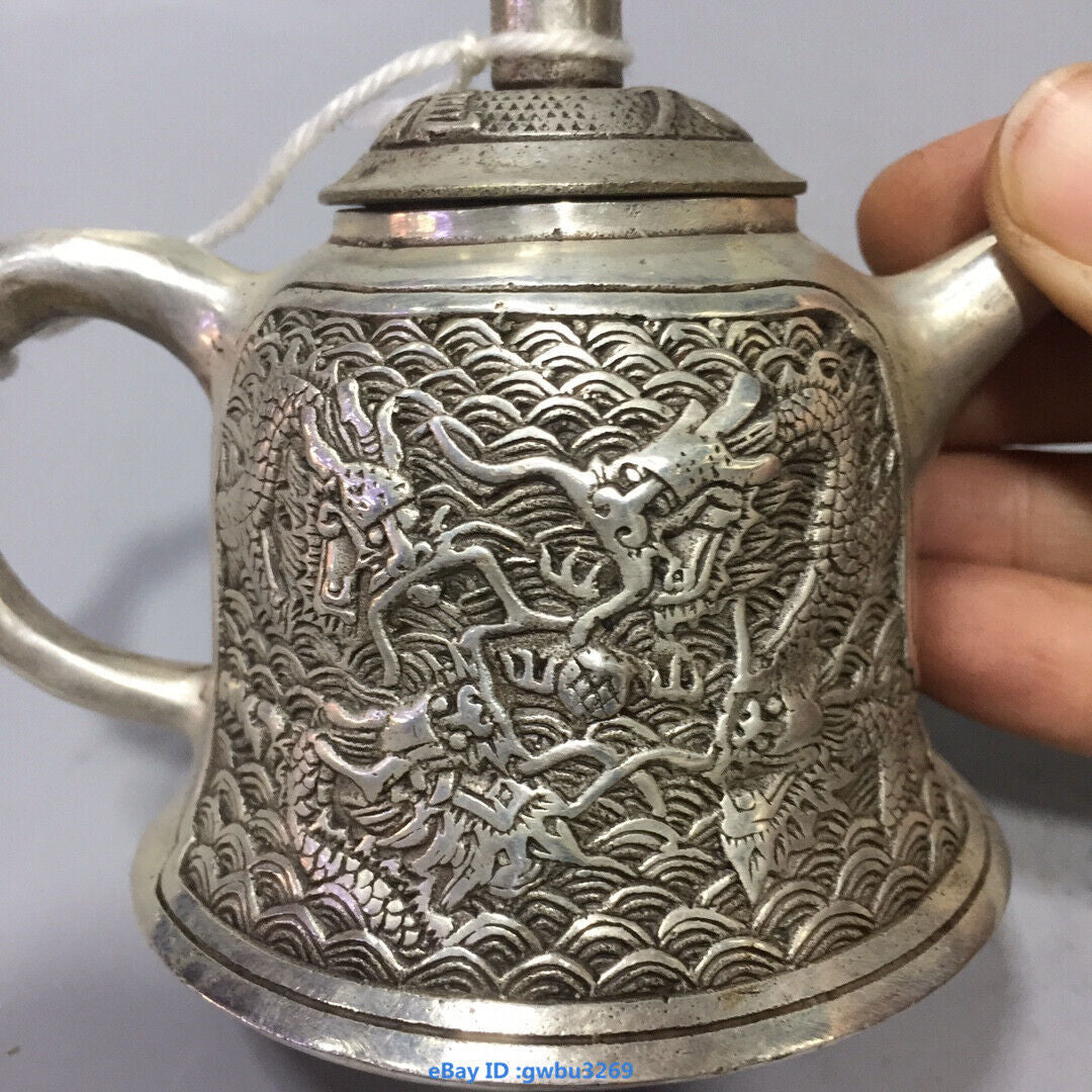 Asian Chinese Old Tibet Silver Hand-carved Dragon Teapot