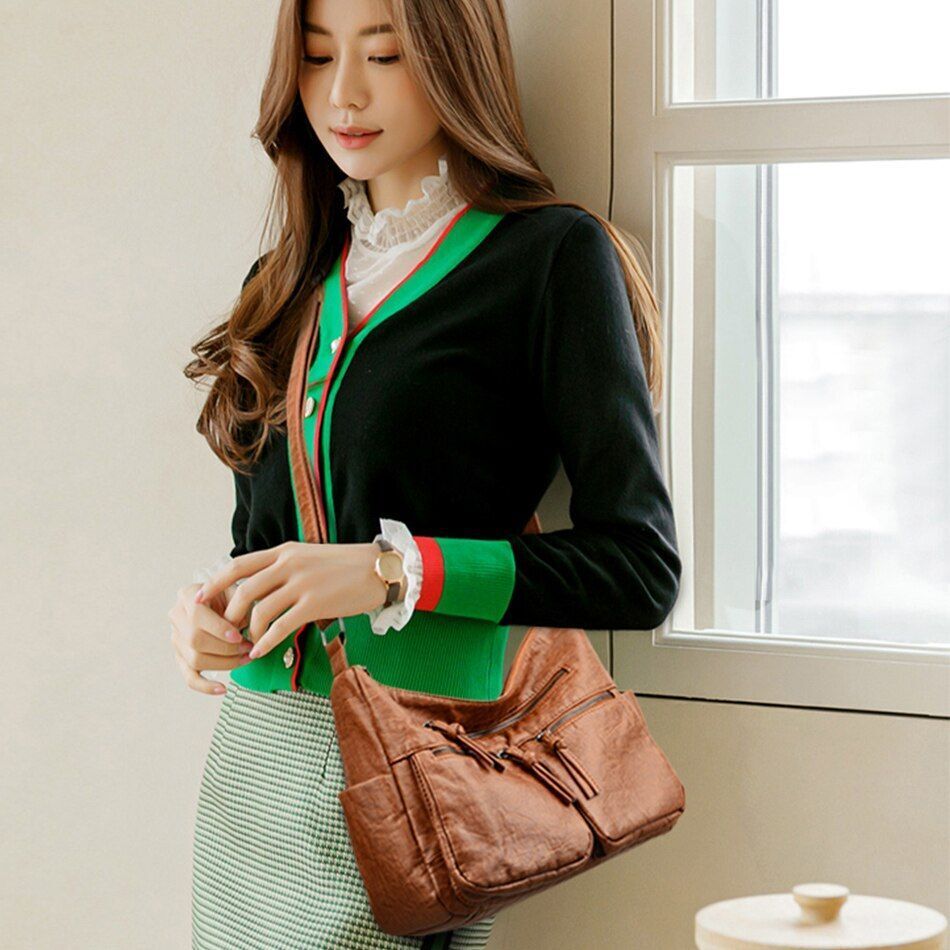 Leather Handbag Women Bags Shoulder Crossbody Bags Polyester Purse Bucket Shape