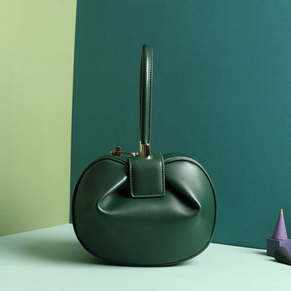 Real Leather Wonton Round Pouch Clutch Purse Top Handle Tote Handbag Grab Bag