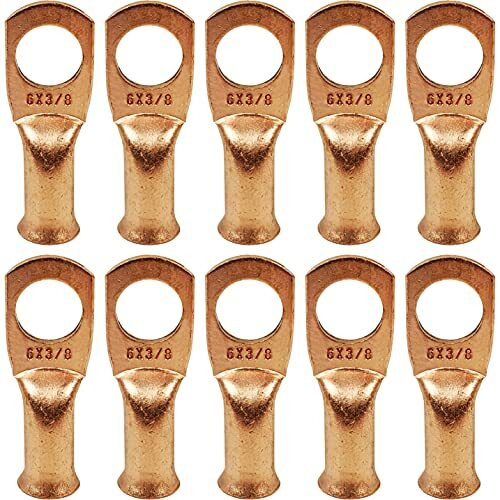 10 Pack 6 AWG 3/8" Bare Copper Ring Terminals, Heavy Duty Battery Cable Lugs
