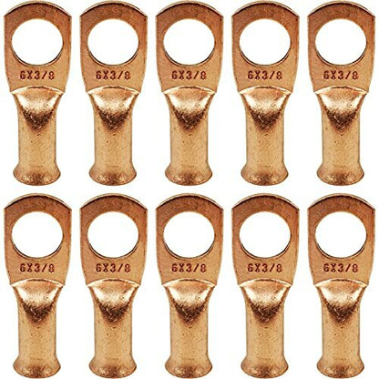 10 Pack 6 AWG 3/8" Bare Copper Ring Terminals, Heavy Duty Battery Cable Lugs
