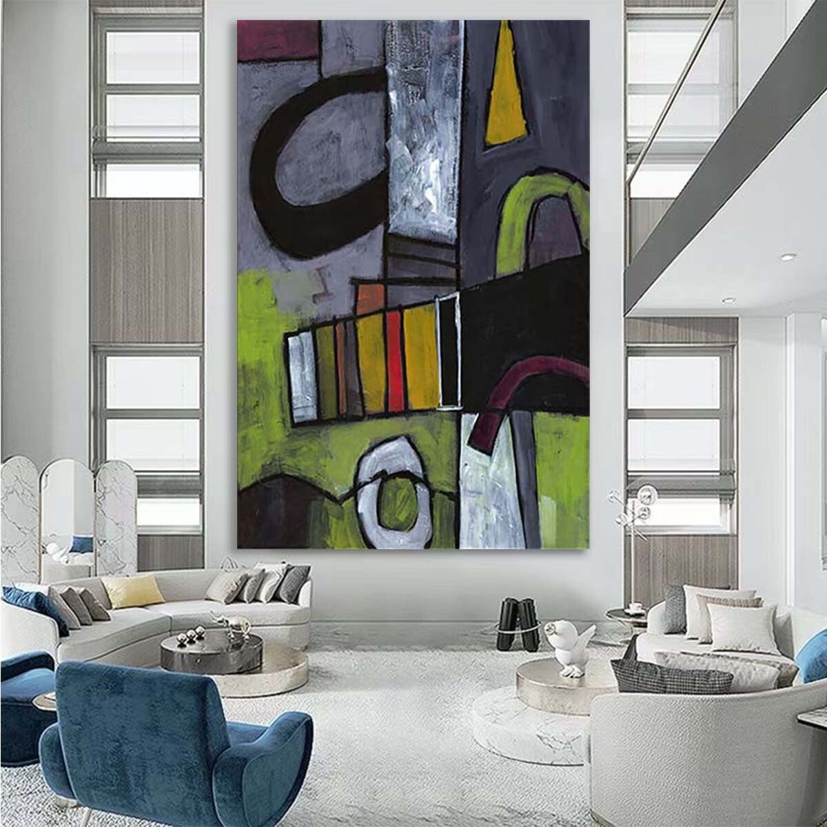 Black White Green Abstract Oil Painting Handmade Canvas Art Mural Modern Home