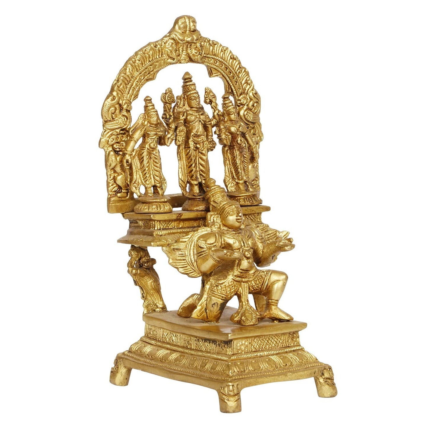 Hindu God Brass Lord Vishnu with Sridevi Bhudevi on Garuda Idol Figurine Statue