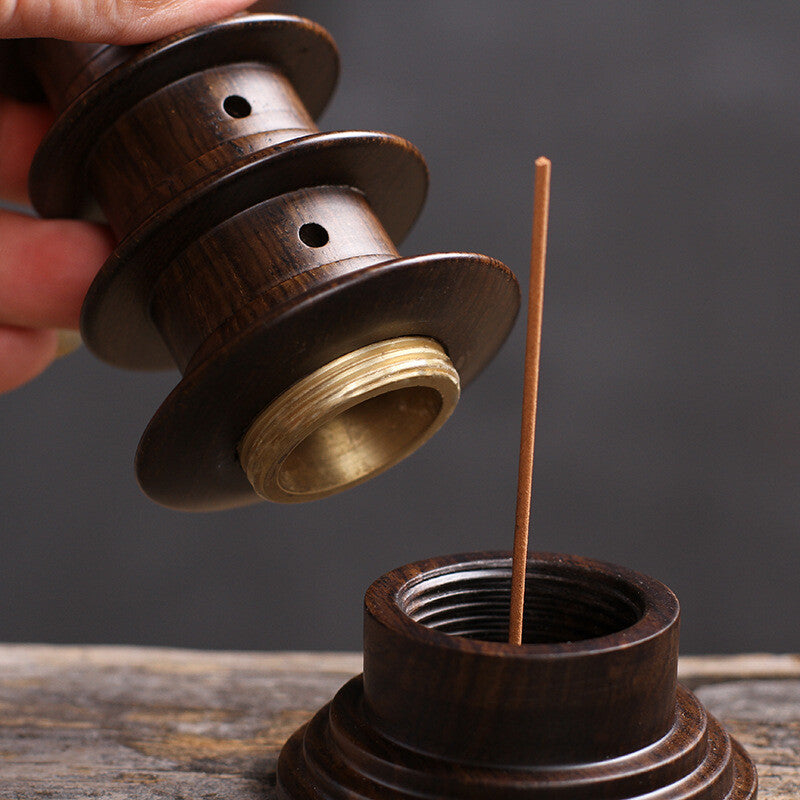 Ebony Wood Carved Stupa Pagoda Tower Incense Stick Burner Zen Buddhism Decor