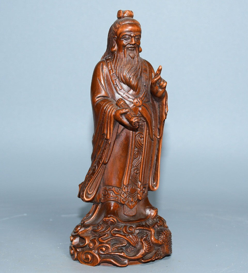 Chinese Boxwood Wood Carving Confucius Statue Wooden Sculpture Home Decor Art
