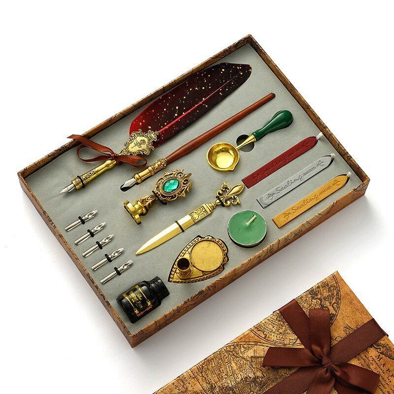 Wax Stamps Seal Feather Dip Quill Ink Gift Calligraphy Sealing Kits 2 3 Pen Sets