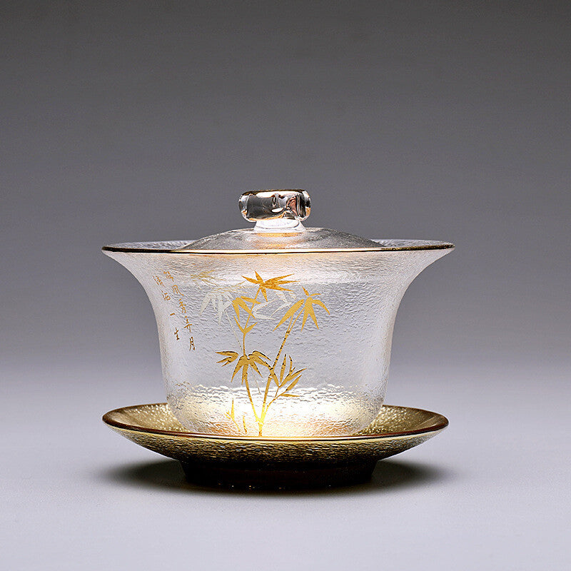 200ml Clear Gaiwan Glass Tureen Floral Relief Teacup Covered Bowl Cup Saucer Mat