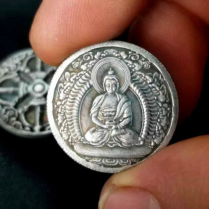 23mm China Antique Collection Copper Coin Tibetan Buddha Statue Amulet Blessing