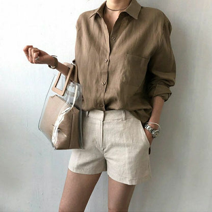 Womens V Neck Solid Linen Shirt Blouse Ladies Long Sleeve Casual Baggy Tops Tee