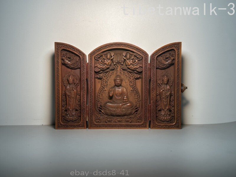 Chinese Medicine Buddha Three Open Box wood Carving Decoration