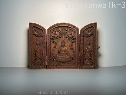 Chinese Medicine Buddha Three Open Box wood Carving Decoration