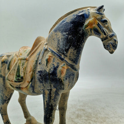 9.1" Chinese Tang Sancai Pottery Ancient War-horse Statue Fengshui Decor